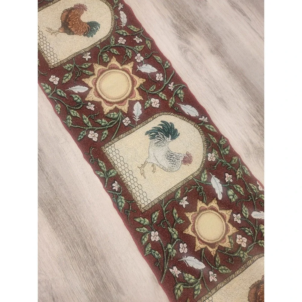 Vintage Rooster Farmhouse Cottagecore Tapestry Table Runner Red & Cream 69x12